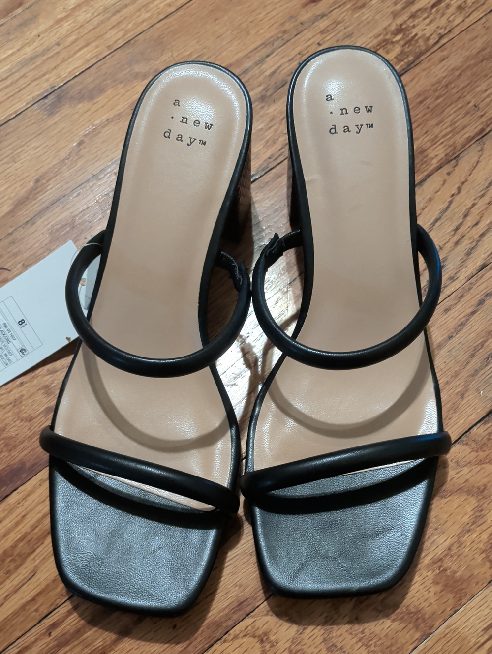 a new day Black Double-Strap Square-Toe Heeled Sandals